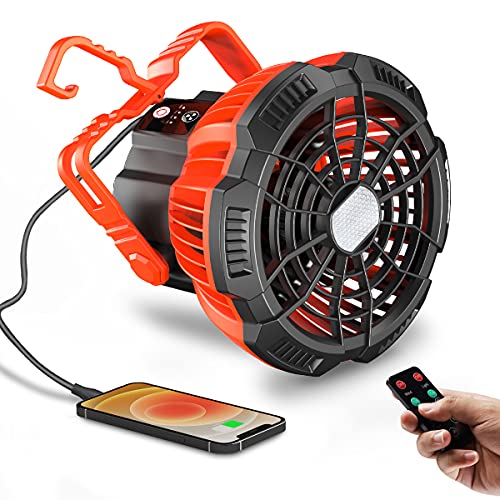 Camping Fan Rechargeable, Portable Tent Fans for Camping LED Light with Remote Control, Quiet and Powerful Personal USB Desk Fan Power Bank Hurricane Emergency Survival Kit Camping Accessories