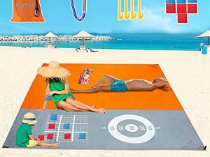 Beach Blanket Sandproof Waterproof, 79''×83'' for 4-7 Adults Oversized Beach Mat Lightweight Portable Picnic Blankets Camping Travel Accessories Stuff, 8 Bean Bag Outdoor Game Play Mat Party