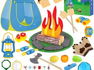 Kids Camping Play Tent Toys Set with Campfire / Fruits/ BBQ/ Exploration Bug Catching Kit Full Camping Gear Set for Toddler Boys Girls Indoor Outdoor Pretend-Play Game