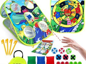 Bean Bag Toss Games for kids, 3in1 Double-Sided Foldable Cornhole Board with 6 Bean Bags, Indoor/Outdoor Dart Board for Toddlers with 6 Sticky Balls & Sticky Darts, Gift for Party Birthday Christmas