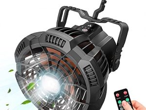 Portable Camping Fan with Remote, Rechargeable Tent Fans with LED Light-3 Speed/3 Brightness/Hanging Hook/Timer, Quiet Battery Operated Fan for Camping/Trip/Tent/BBQ, Hurricane & Blackouts Emergency