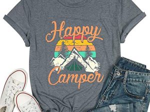 Happy Camper Shirt for Women Funny Cute Graphic Tee Short Sleeve Letter Print Casual Tee Shirts (Gray,L)