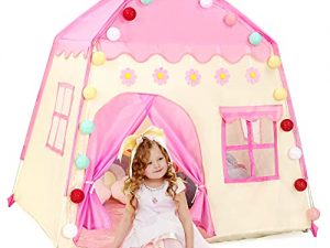 Princess Kids Tent for Girls, Kids Playhouse with Carry Bag, Princess Castle Play Tent Indoor & Outdoor, Kids Fort with Pink Flowers Decor, Girls Toys and Gift (Pink Flowers)